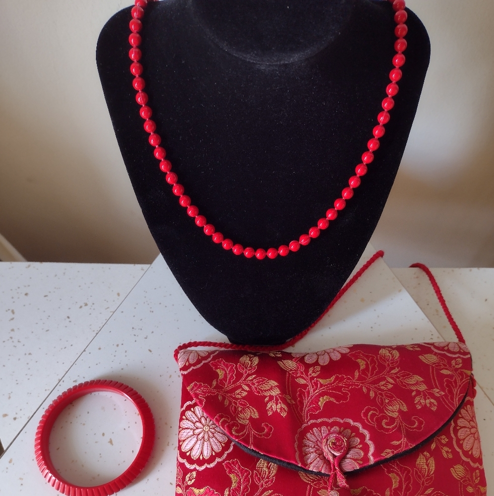 Pure Silk Hand Made Cross Body Evening Bag Purse w Matching Necklace & Bangle - Picture 3 of 8
